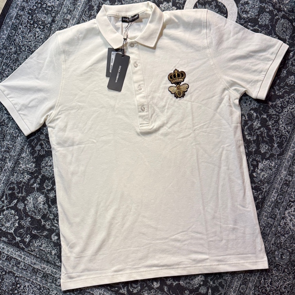 Dolce & Gabbana Cream Polo with Gold and Black Embroidered Crest